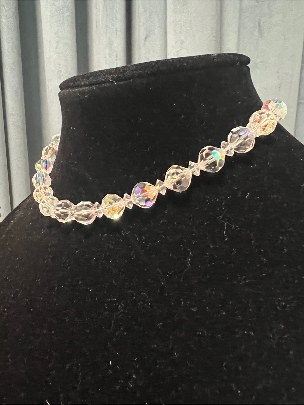 Vintage Aurora Crystal Beaded Choker Necklace - Clear Iridescent
